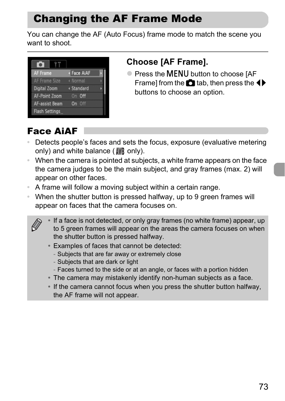 Changing the af frame mode, P. 73), Face aiaf | Choose [af frame | Canon A800 User Manual | Page 73 / 144