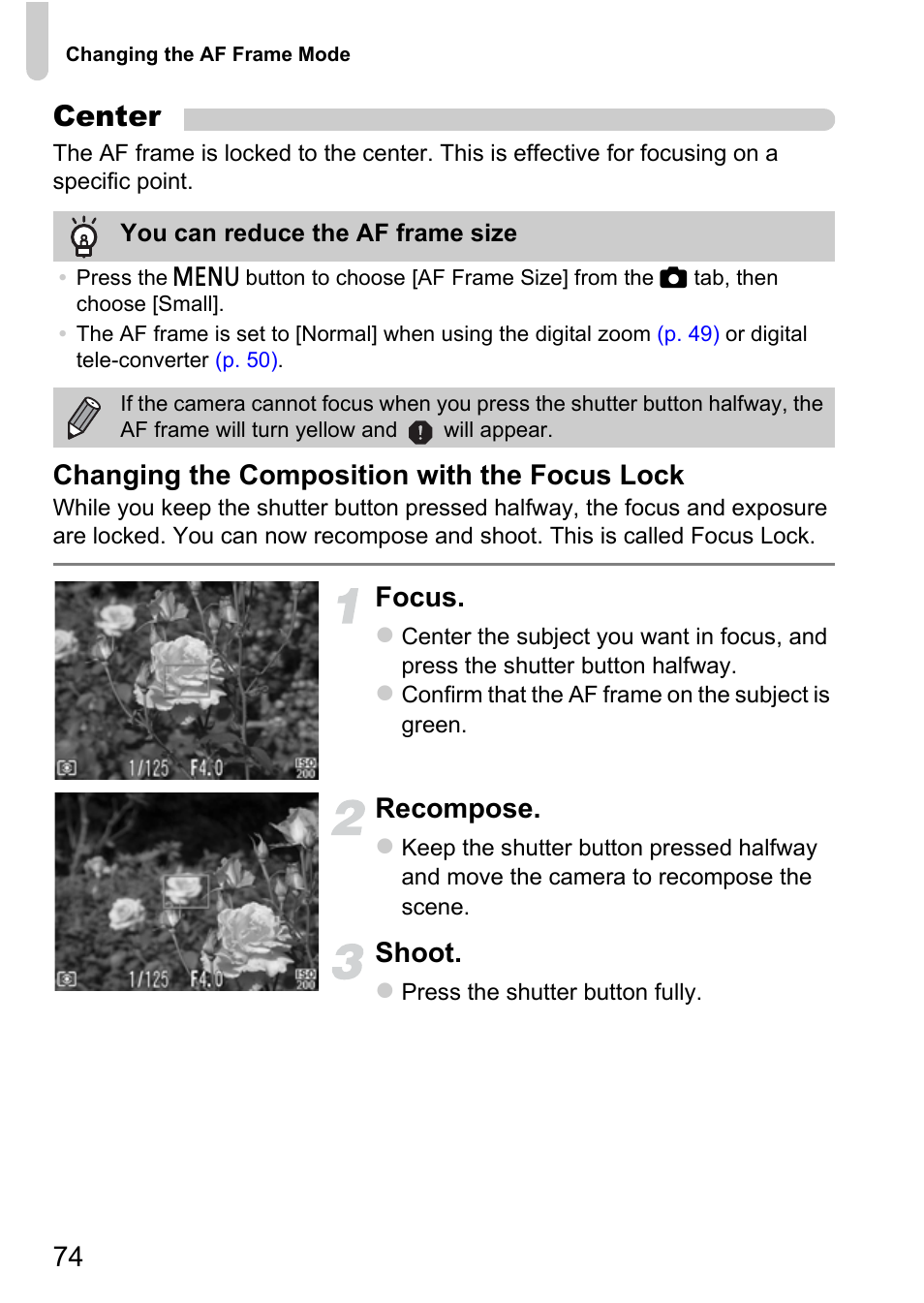 Center, Changing the composition with the focus lock, Focus | Recompose, Shoot | Canon A800 User Manual | Page 74 / 144