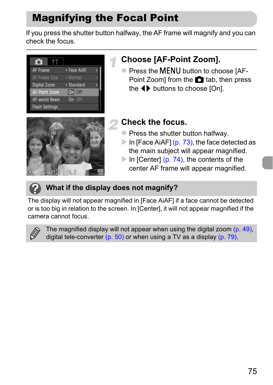 Magnifying the focal point, Choose [af-point zoom, Check the focus | Canon A800 User Manual | Page 75 / 144