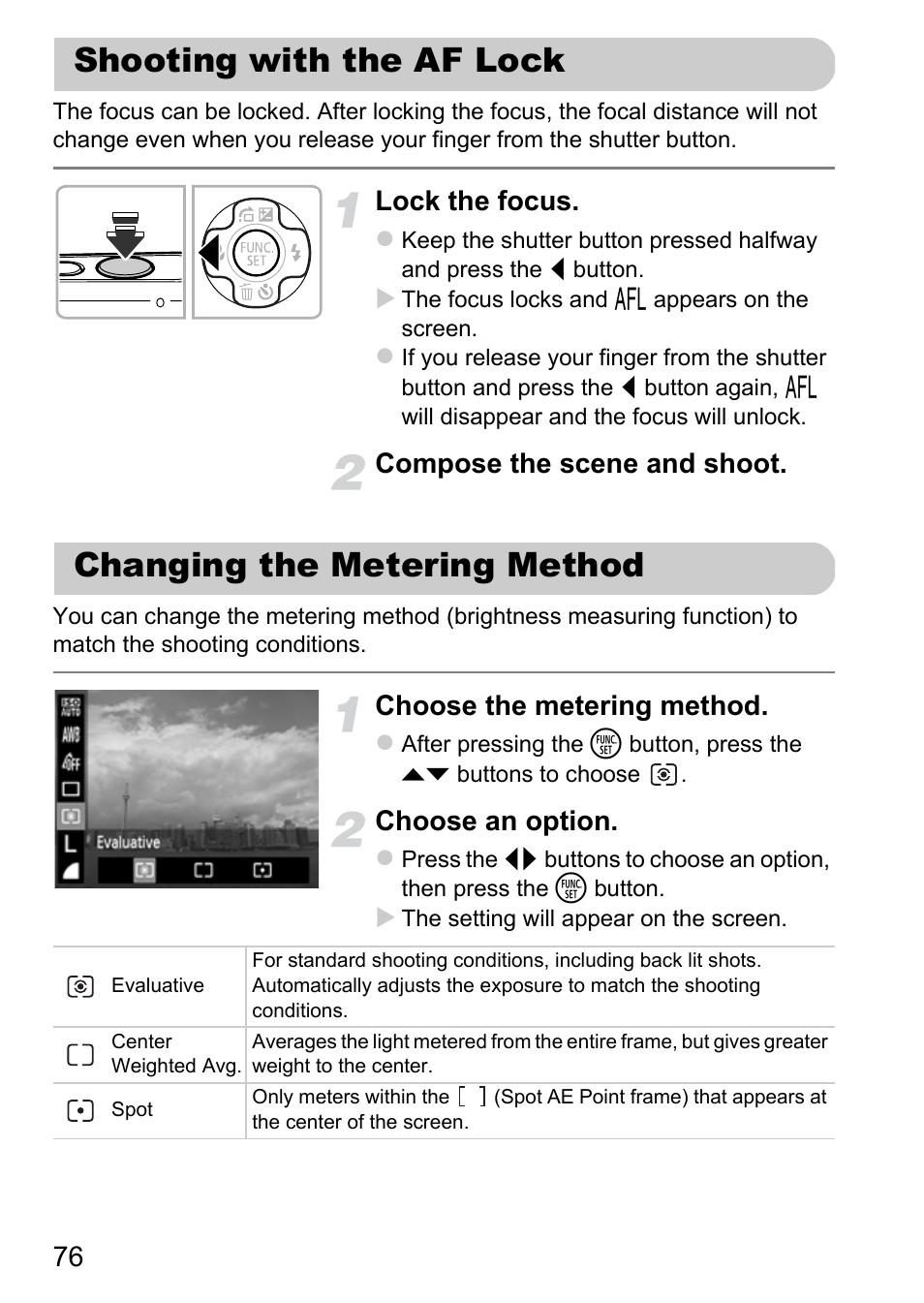 Shooting with the af lock, Changing the metering method, Lock the focus | Compose the scene and shoot, Choose the metering method, Choose an option | Canon A800 User Manual | Page 76 / 144