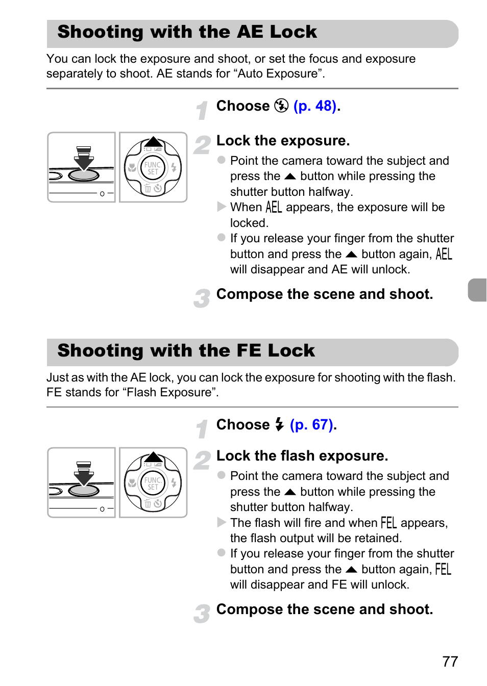Shooting with the ae lock, Shooting with the fe lock | Canon A800 User Manual | Page 77 / 144