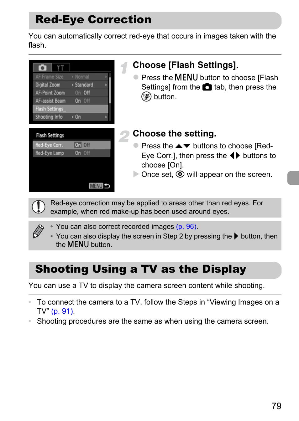 Red-eye correction, Shooting using a tv as the display, Red-eye correction shooting using a tv as the | Display, P. 79), Choose [flash settings, Choose the setting | Canon A800 User Manual | Page 79 / 144