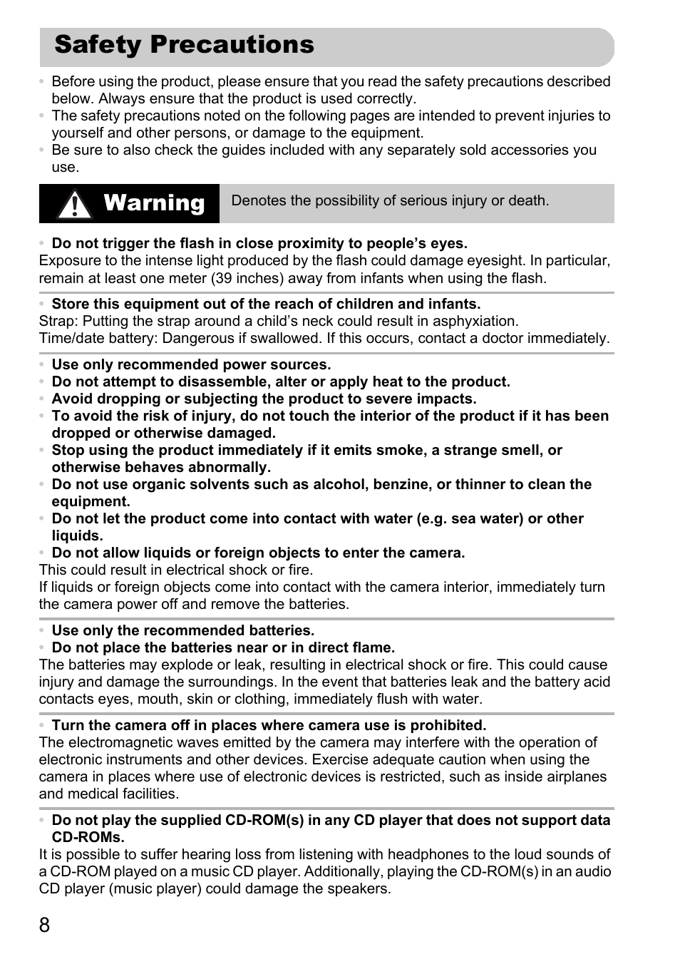 Safety precautions, Warning | Canon A800 User Manual | Page 8 / 144