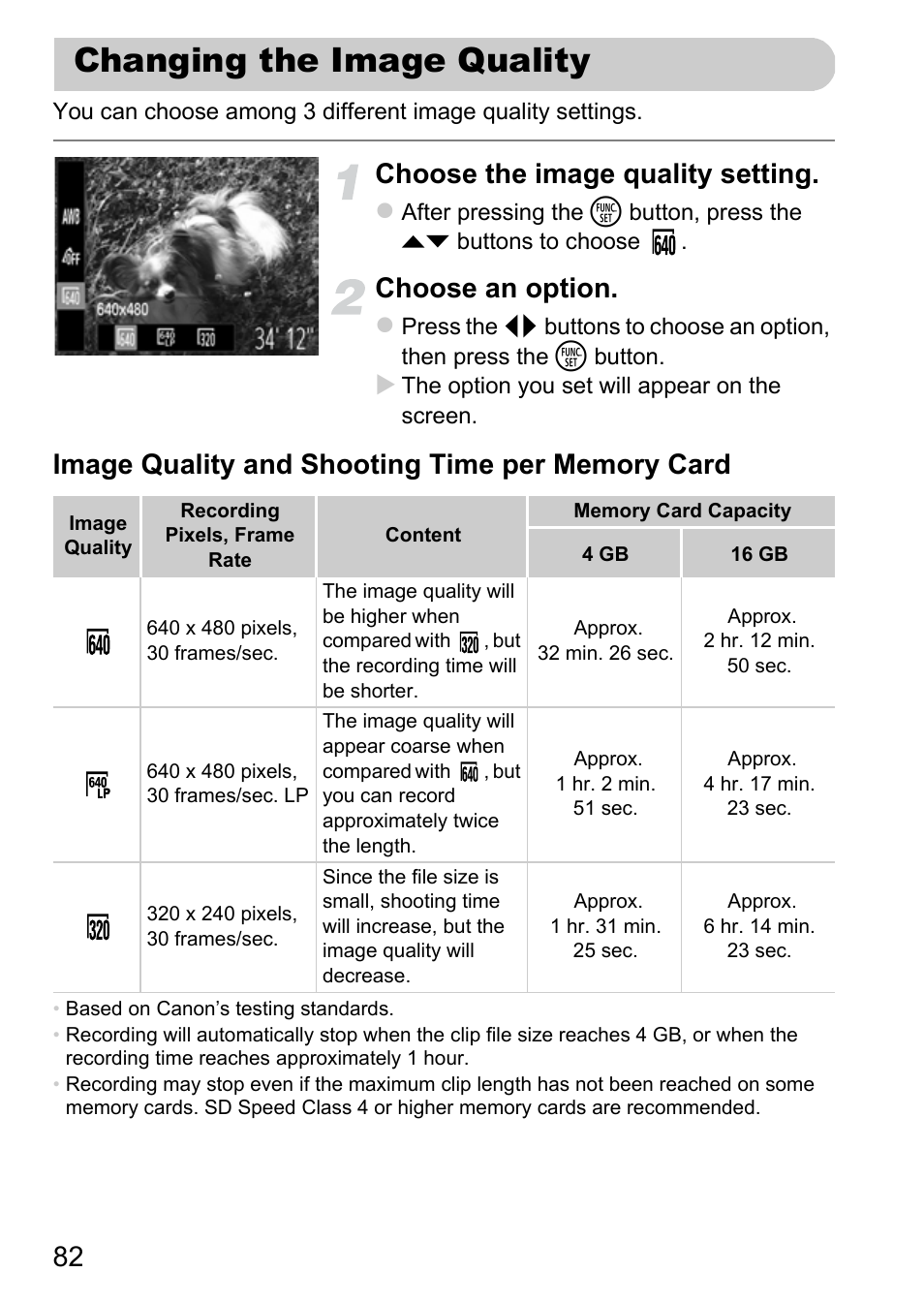 Changing the image quality, Choose the image quality setting, Choose an option | Canon A800 User Manual | Page 82 / 144