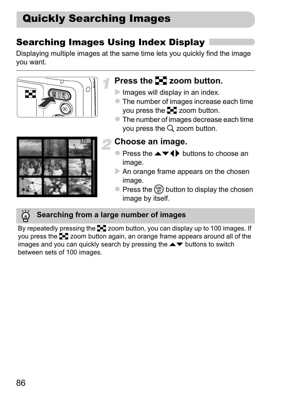Quickly searching images, Index), P. 86) | Searching images using index display, Press the g zoom button, Choose an image | Canon A800 User Manual | Page 86 / 144