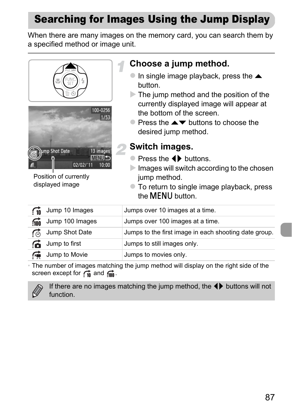 Searching for images using the jump display, Searching for images using, The jump display | P. 87), Choose a jump method, Switch images | Canon A800 User Manual | Page 87 / 144