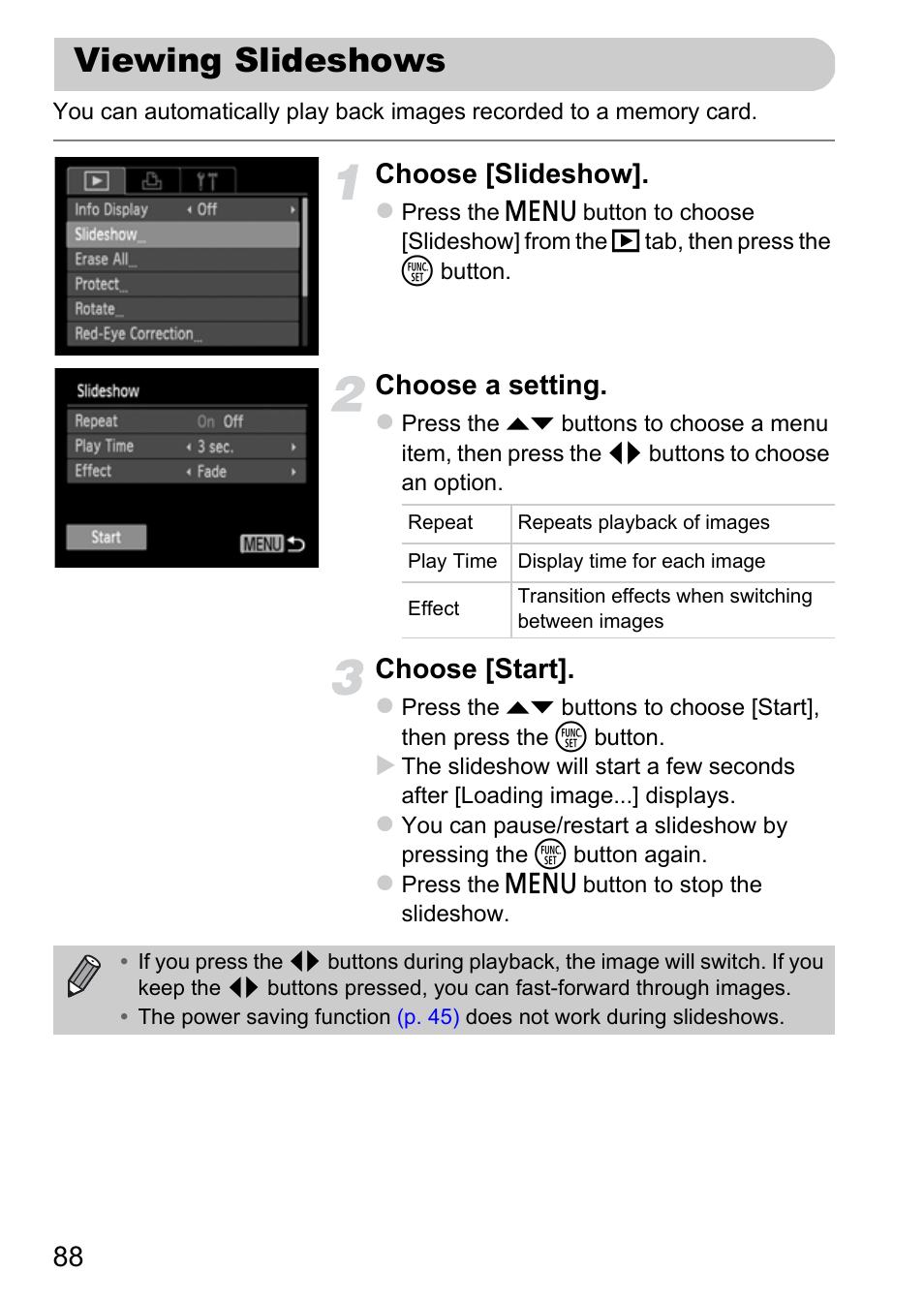 Viewing slideshows, Choose [slideshow, Choose a setting | Choose [start | Canon A800 User Manual | Page 88 / 144