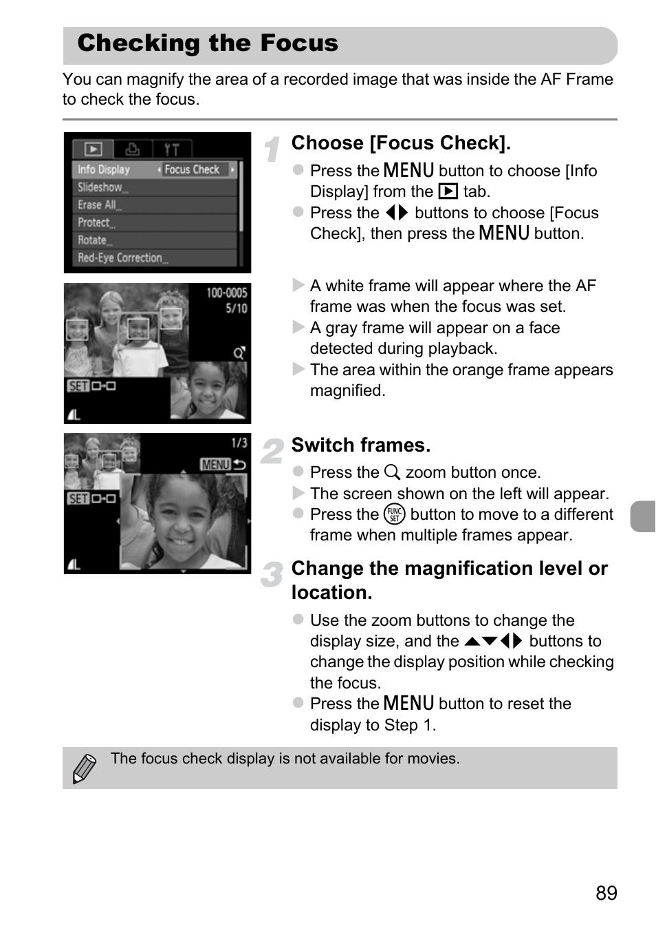Checking the focus, P. 89), Choose [focus check | Switch frames, Change the magnification level or location | Canon A800 User Manual | Page 89 / 144