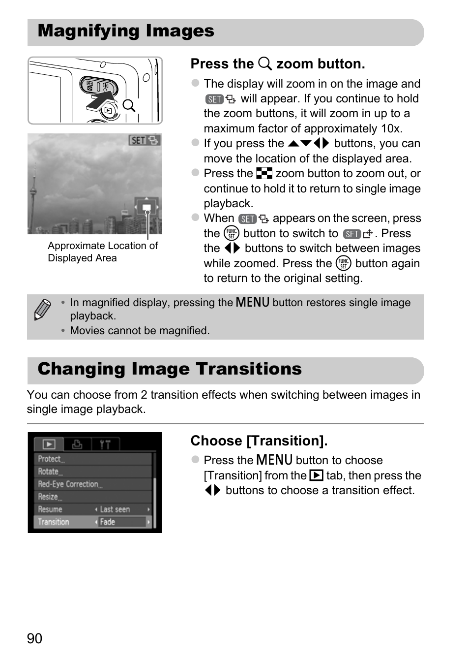 Magnifying images, Changing image transitions, Magnifying images changing image transitions | Magnify), P. 90), 90 press the k zoom button, Choose [transition | Canon A800 User Manual | Page 90 / 144