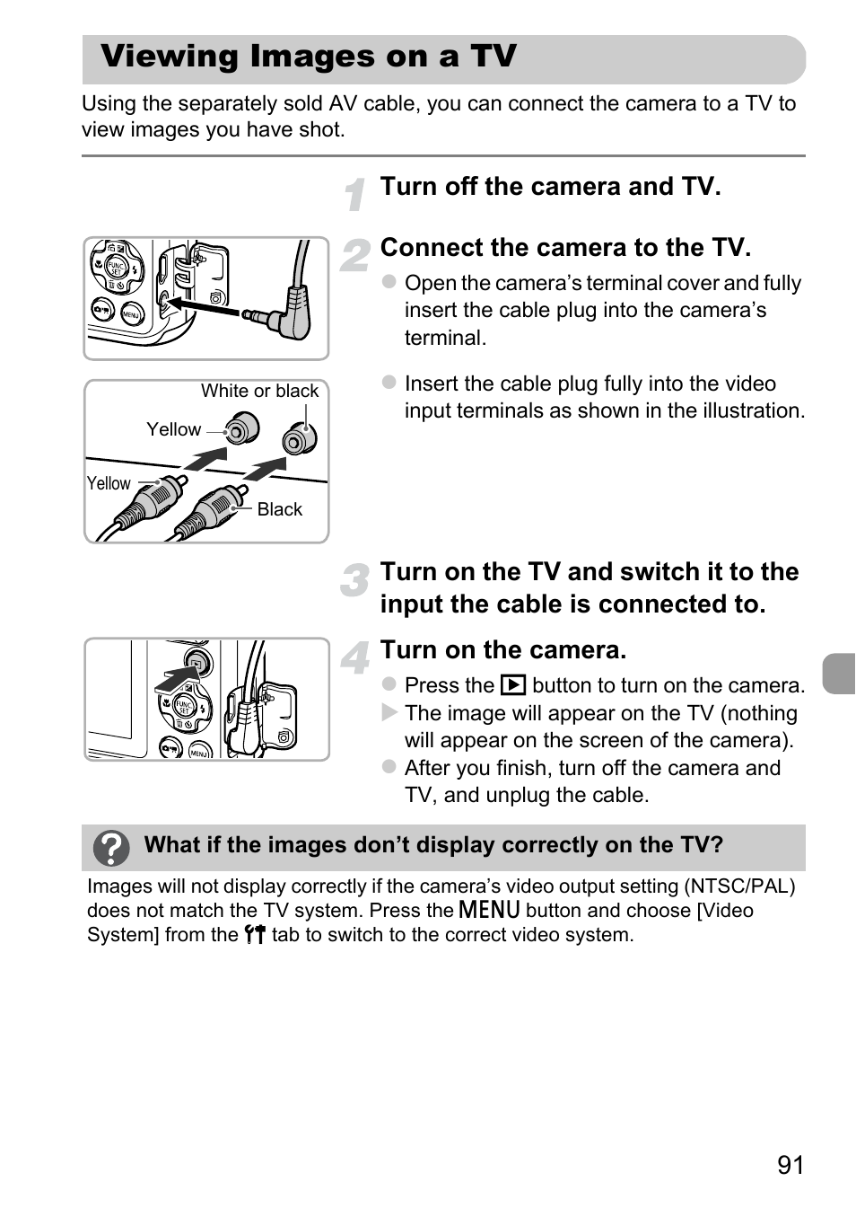 Viewing images on a tv, P. 91) | Canon A800 User Manual | Page 91 / 144