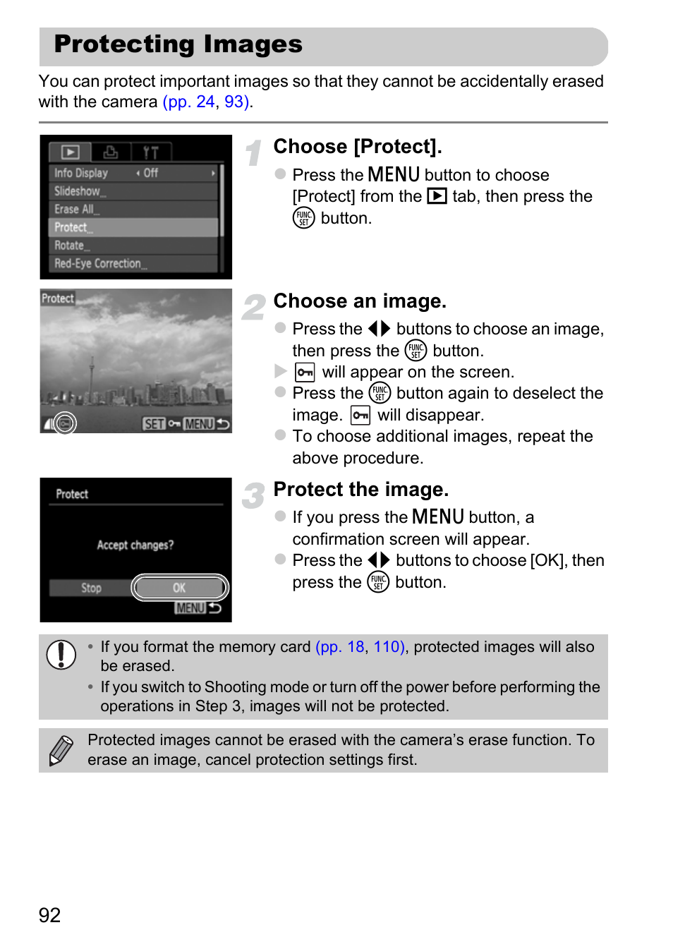 Protecting images, Choose [protect, Choose an image | Protect the image | Canon A800 User Manual | Page 92 / 144