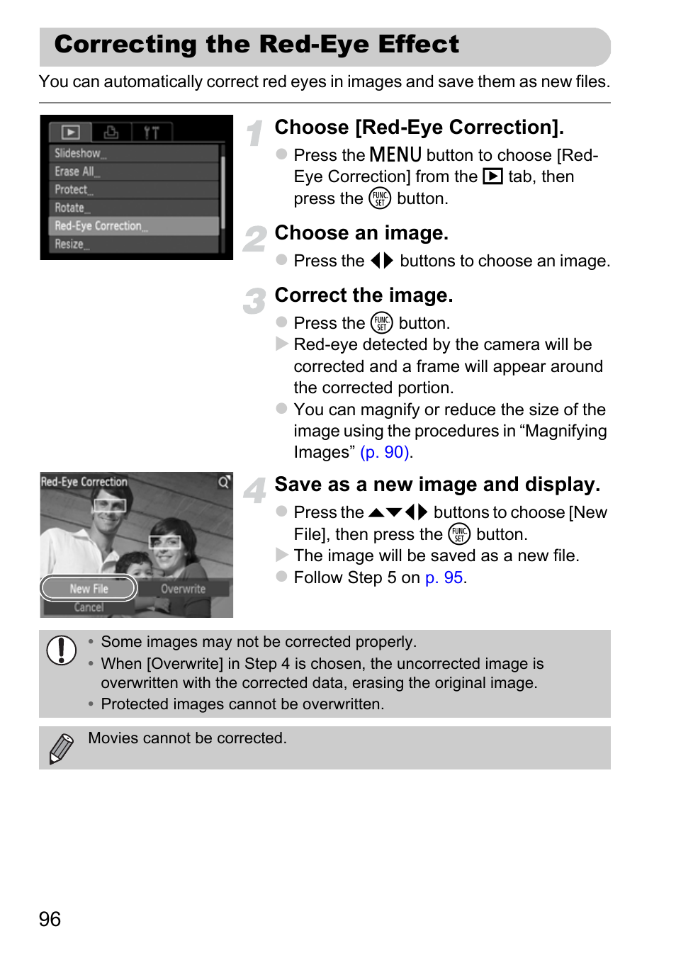 Correcting the red-eye effect, Canno, Choose [red-eye correction | Choose an image, Correct the image, Save as a new image and display | Canon A800 User Manual | Page 96 / 144