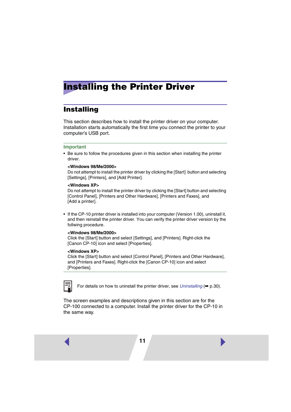 Installing the printer driver, Installing, P.11) | Canon CP100 User Manual | Page 11 / 62