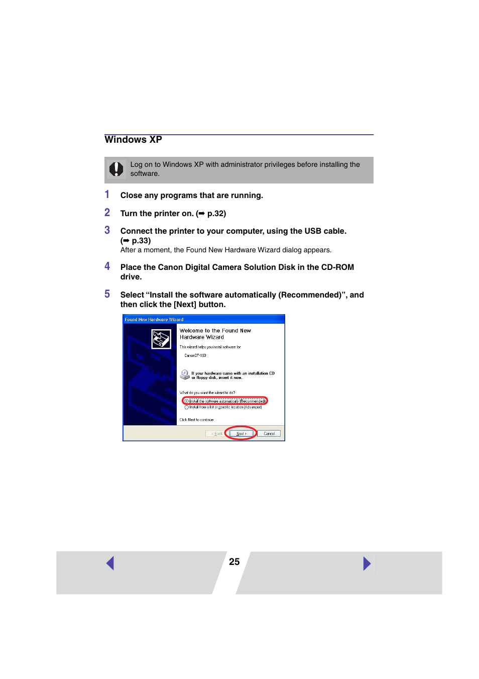 Windows xp | Canon CP100 User Manual | Page 25 / 62