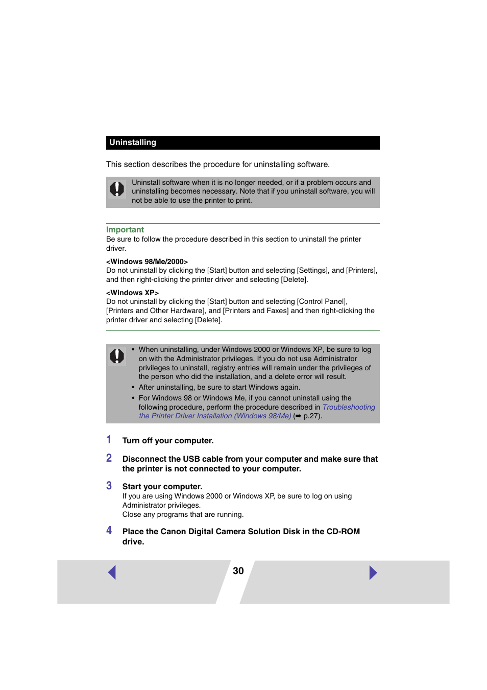 Uninstalling, P.30) in this user guide, P.30) | Canon CP100 User Manual | Page 30 / 62