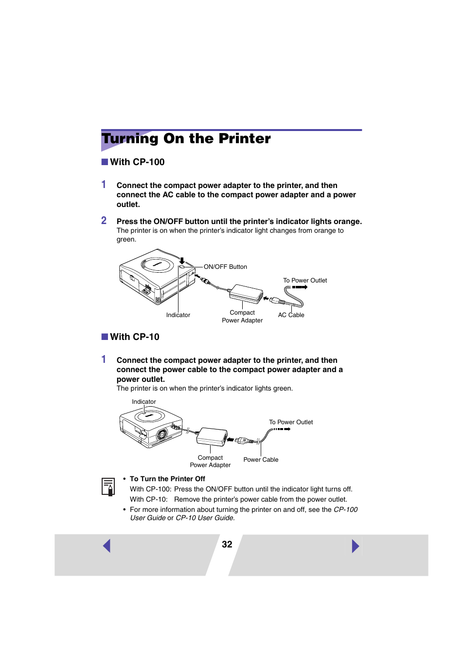 Turning on the printer, P.32), With cp-100 | With cp-10 | Canon CP100 User Manual | Page 32 / 62