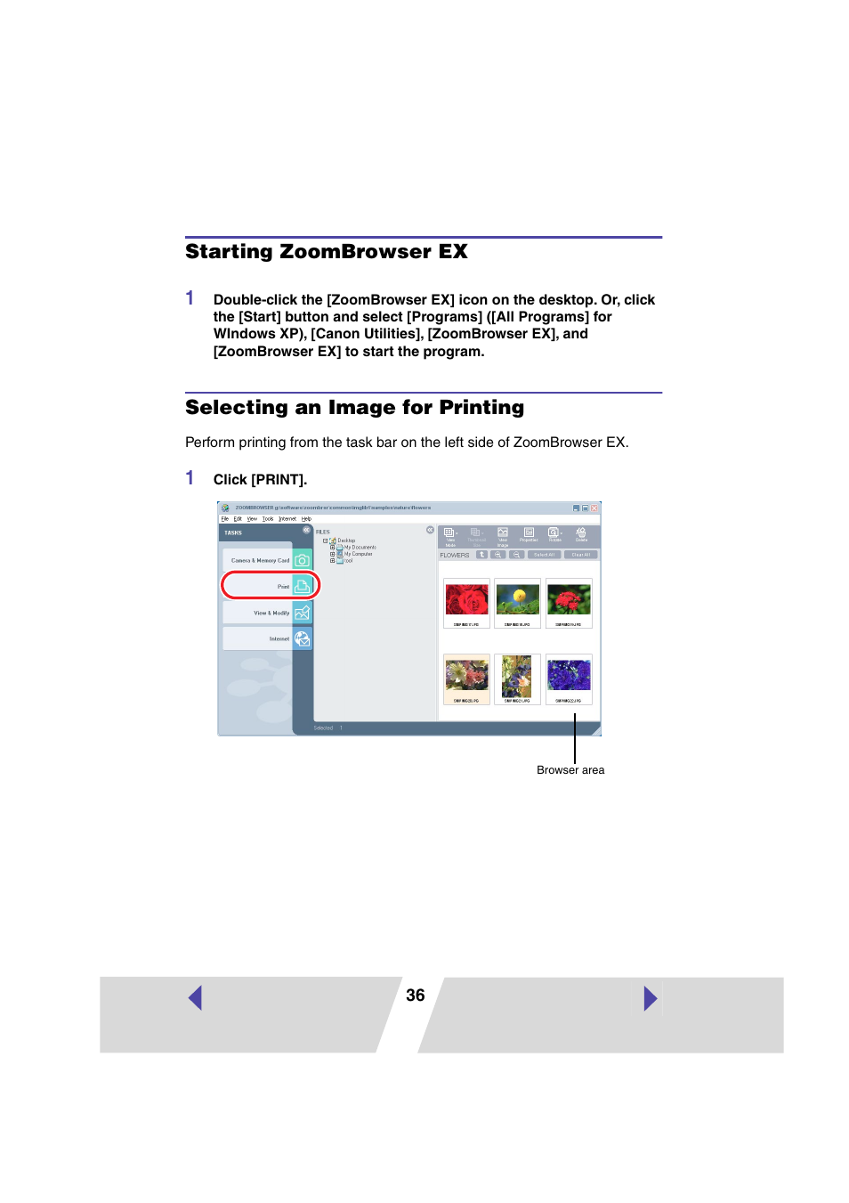 Starting zoombrowser ex, Selecting an image for printing, P.36) | P.36) in this user guide | Canon CP100 User Manual | Page 36 / 62