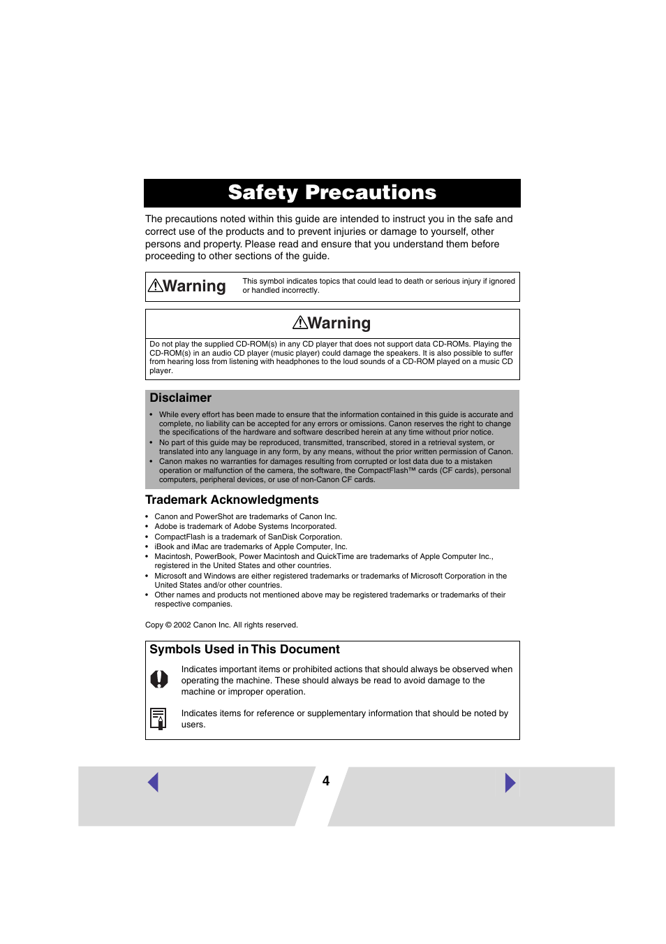 Safety precautions, Warning | Canon CP100 User Manual | Page 4 / 62