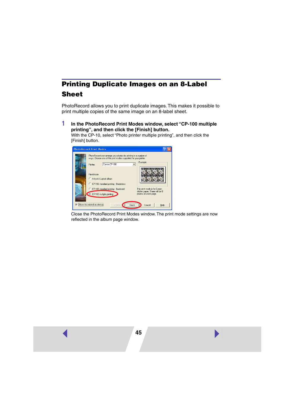 Printing duplicate images on an 8-label sheet, P.45), Printing duplicate images on an 8-label | Sheet, P.45) or | Canon CP100 User Manual | Page 45 / 62