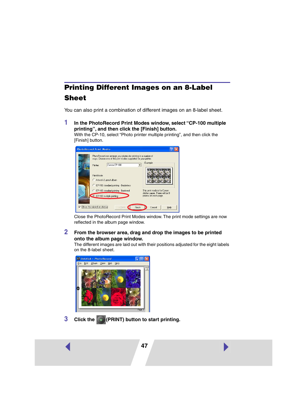 Printing different images on an 8-label sheet, P.47) | Canon CP100 User Manual | Page 47 / 62