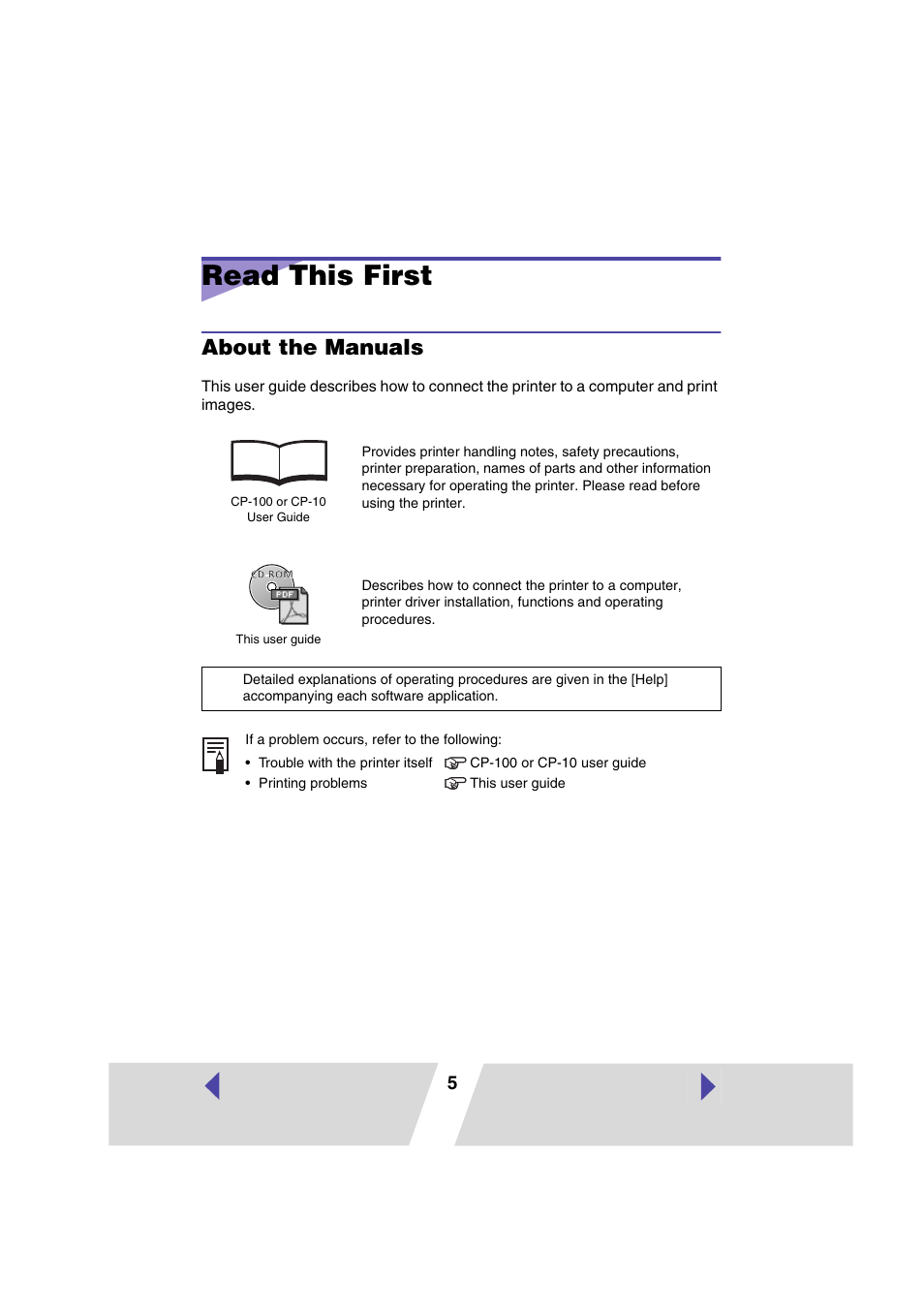 Read this first, About the manuals | Canon CP100 User Manual | Page 5 / 62