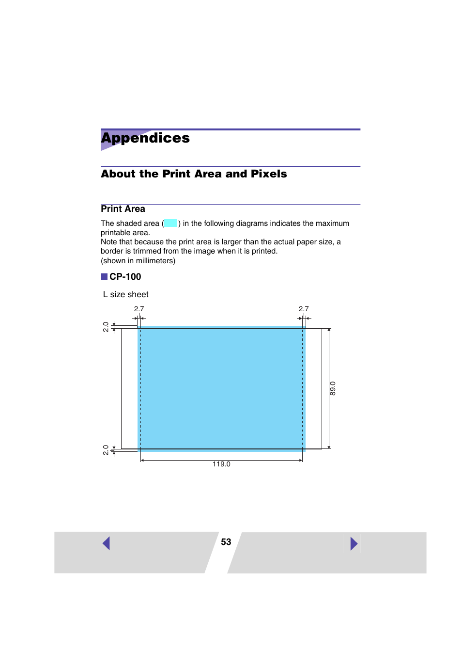 Appendices, About the print area and pixels, Print area | Canon CP100 User Manual | Page 53 / 62