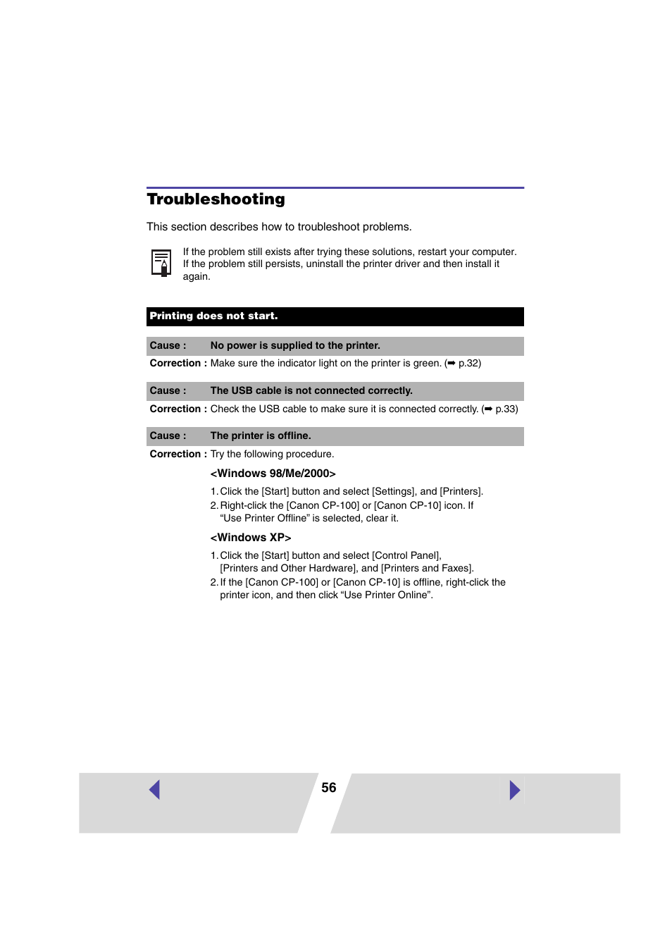 Troubleshooting | Canon CP100 User Manual | Page 56 / 62