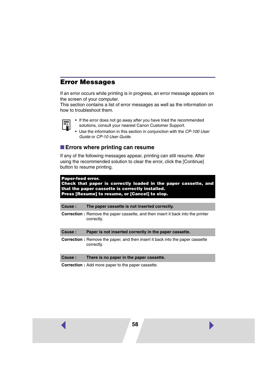 Error messages, Errors where printing can resume | Canon CP100 User Manual | Page 58 / 62