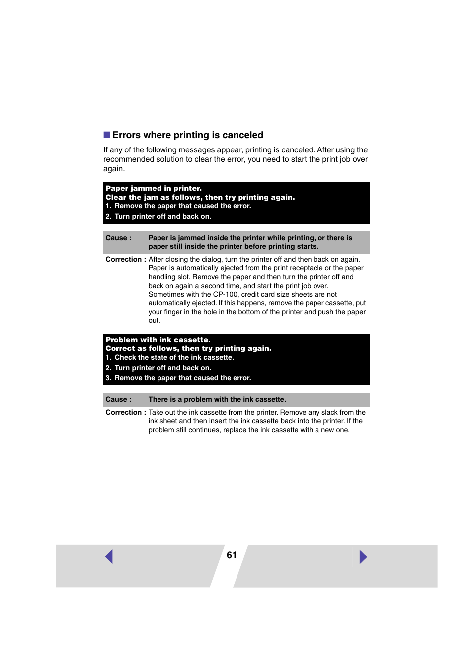 61 ■ errors where printing is canceled | Canon CP100 User Manual | Page 61 / 62