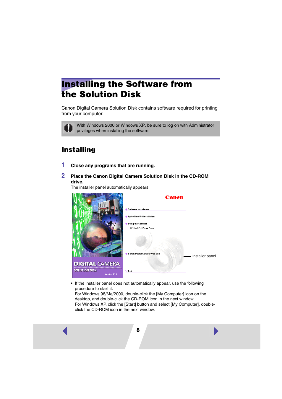 Installing the software from thesolution disk, Installing, Installing the software from the solution disk | P.8) | Canon CP100 User Manual | Page 8 / 62