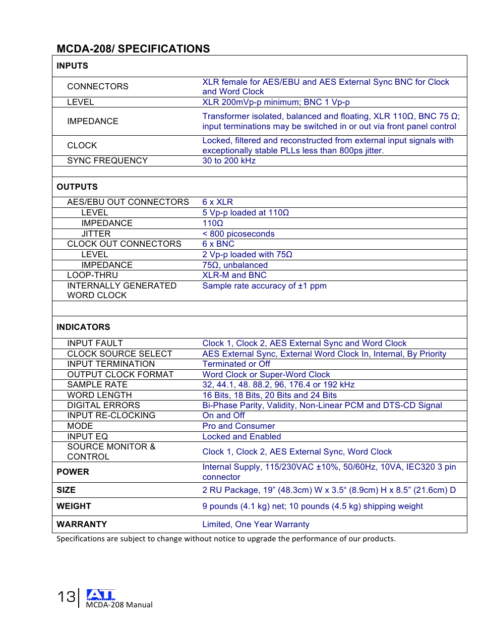 Mcda-208/ specifications | ATI Audio MCDA208 User Manual | Page 13 / 15