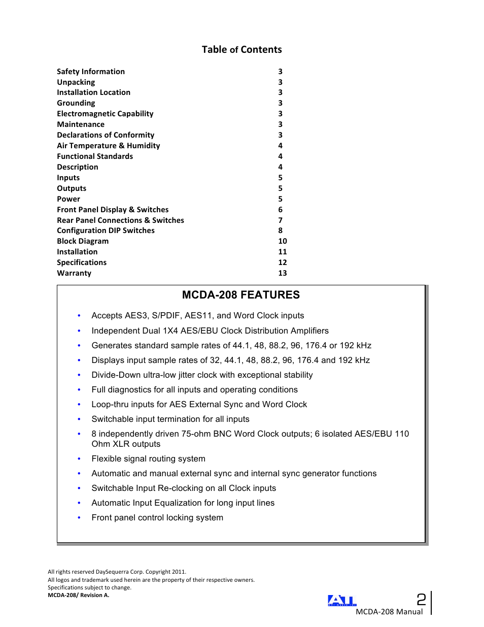 Mcda-208 features | ATI Audio MCDA208 User Manual | Page 2 / 15