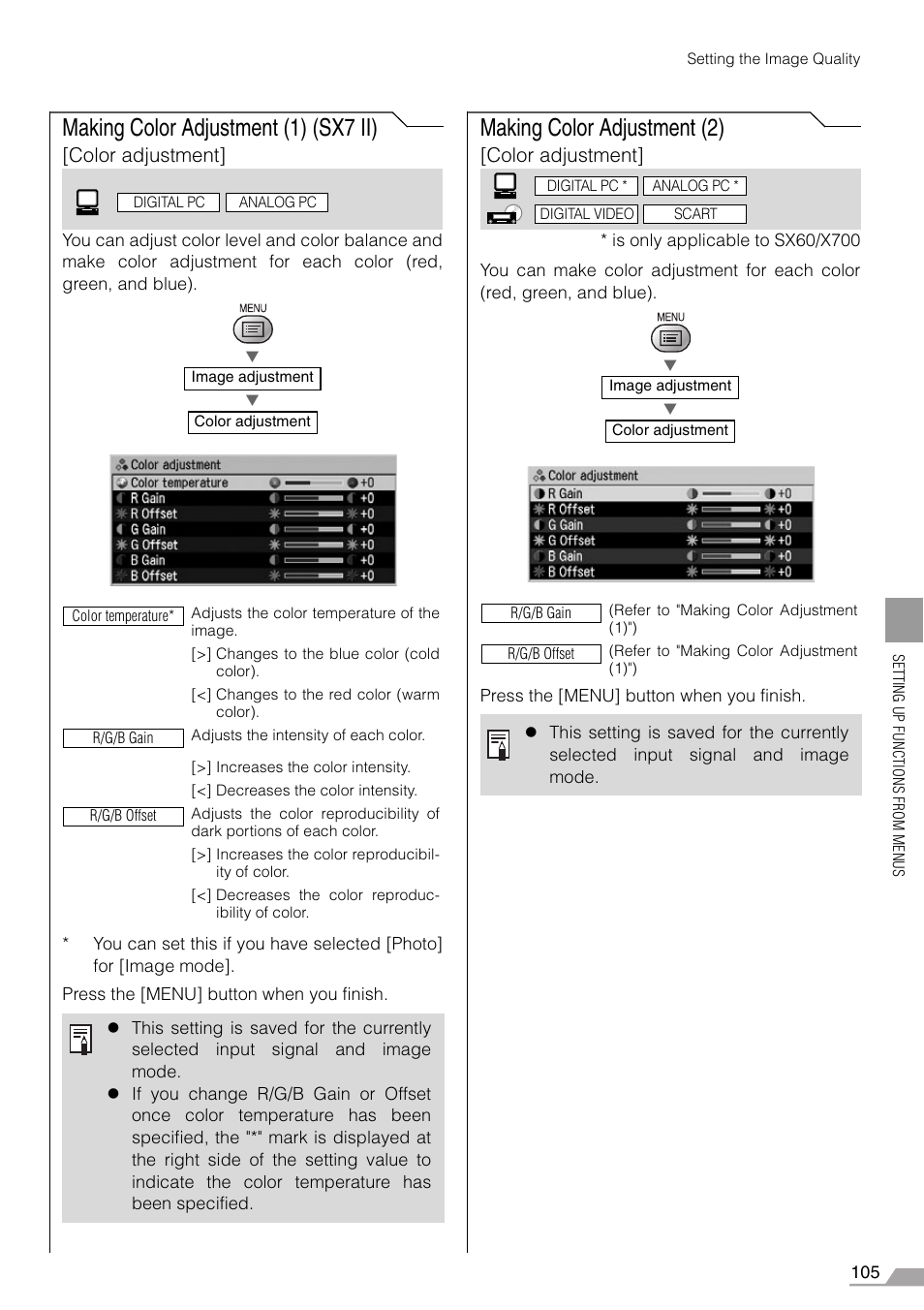 Making color adjustment (1) (sx7 ii), Making color adjustment (2), Color adjustment | Canon SX7 MARKII User Manual | Page 105 / 146