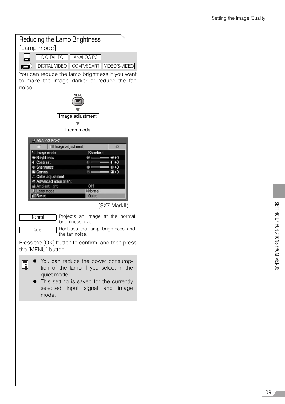 Reducing the lamp brightness, Lamp mode | Canon SX7 MARKII User Manual | Page 109 / 146