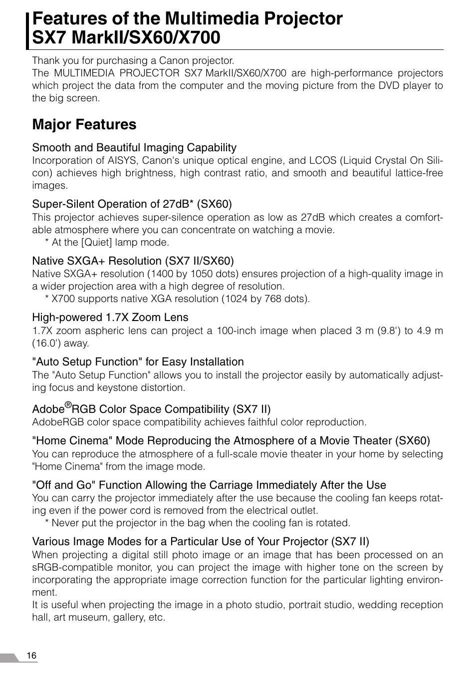 Major features | Canon SX7 MARKII User Manual | Page 16 / 146