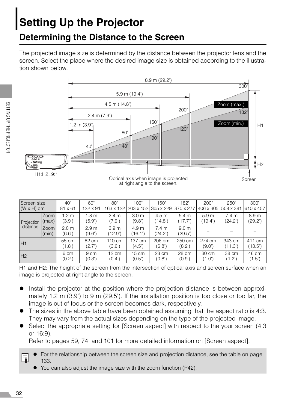 Setting up the projector, Determining the distance to the screen, P32-33 | Canon SX7 MARKII User Manual | Page 32 / 146