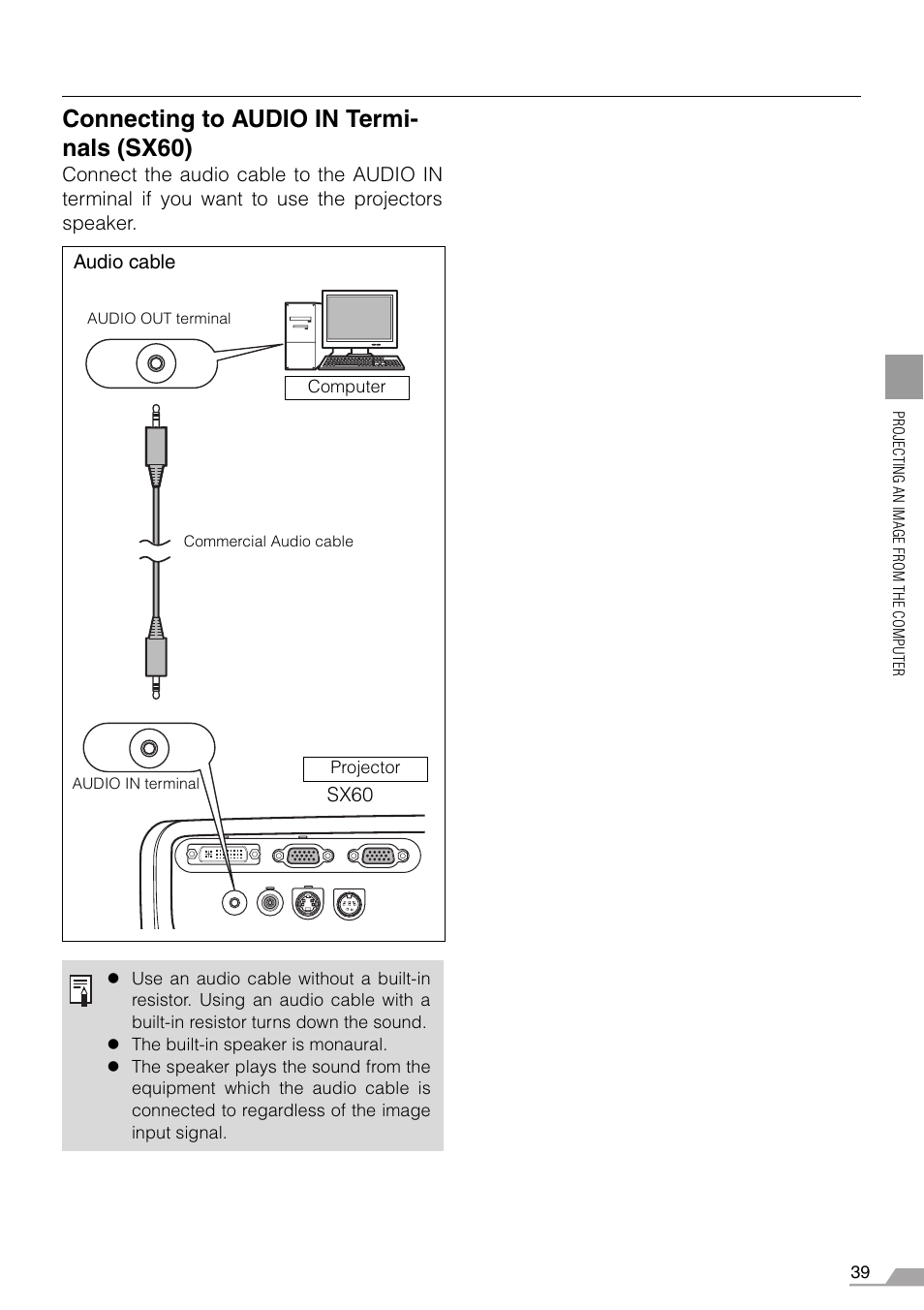 E* (see p38, 39 for, Inal (p38, 39), Connecting to audio in termi- nals (sx60) | Canon SX7 MARKII User Manual | Page 39 / 146