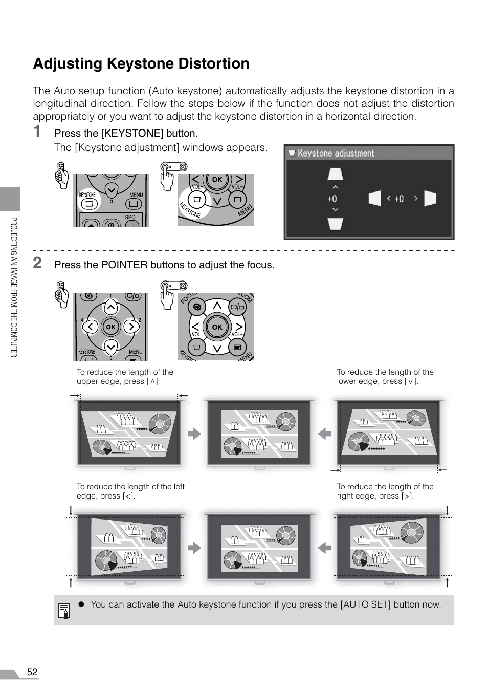 Adjusting keystone distortion, Tton (p52, 59) | Canon SX7 MARKII User Manual | Page 52 / 146