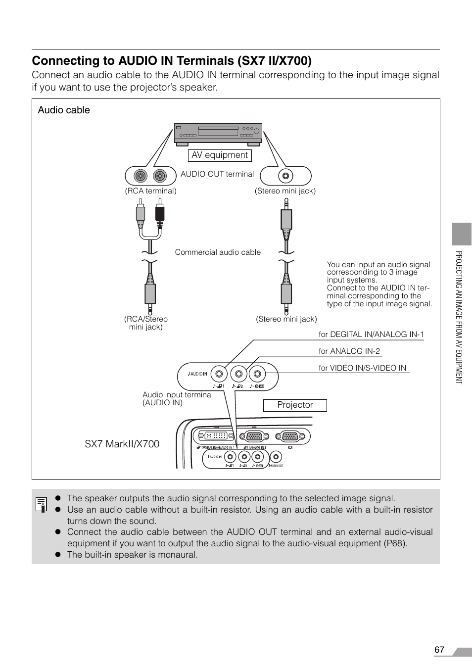 Connecting to audio in terminals (sx7 ii/x700), Audio cable, Sx7 markii/x700 | Canon SX7 MARKII User Manual | Page 67 / 146