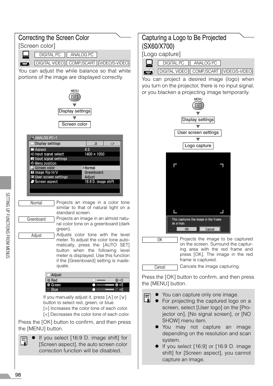 Correcting the screen color, Capturing a logo to be projected (sx60/x700), Screen color | Logo capture | Canon SX7 MARKII User Manual | Page 98 / 146