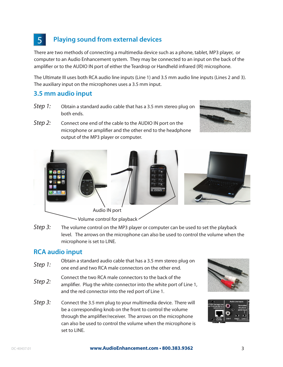 Playing sound from external devices, 5 mm audio input rca audio input | Audio Enhancement First Time User Manual | Page 3 / 3