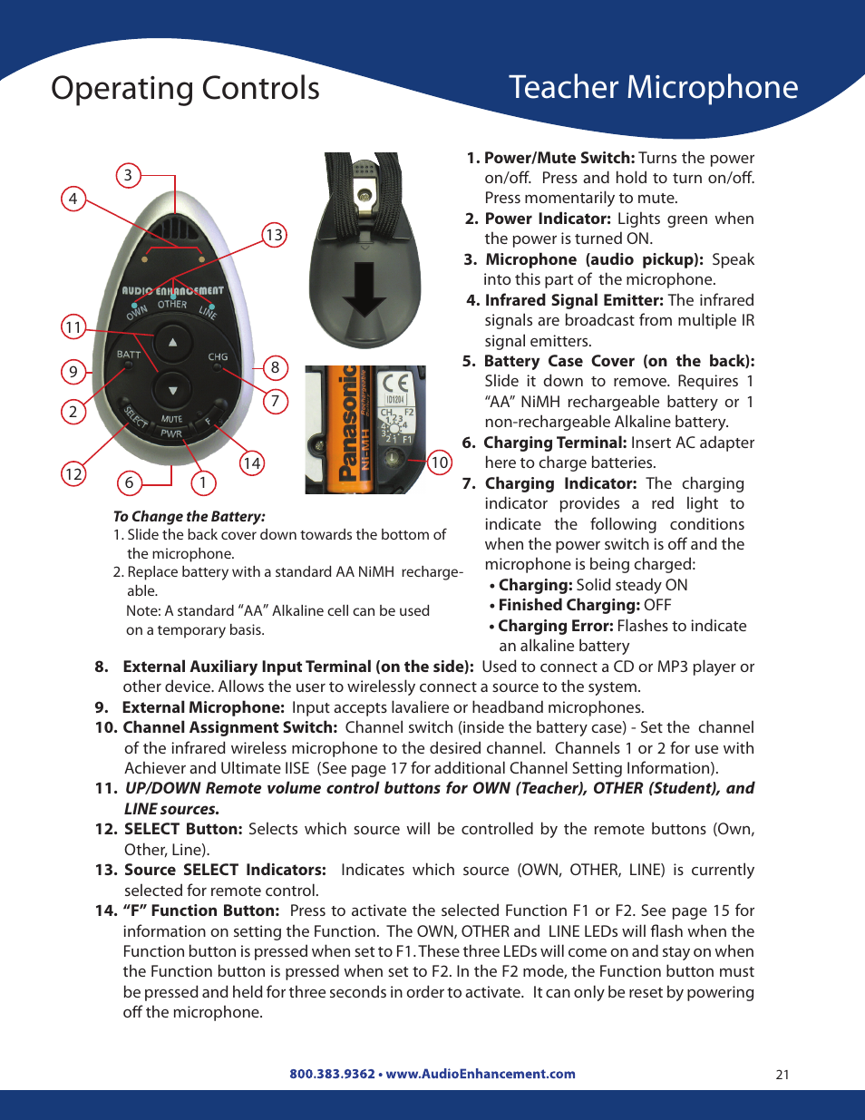 Operating controls, Teacher microphone | Audio Enhancement Product Manual User Manual | Page 21 / 59