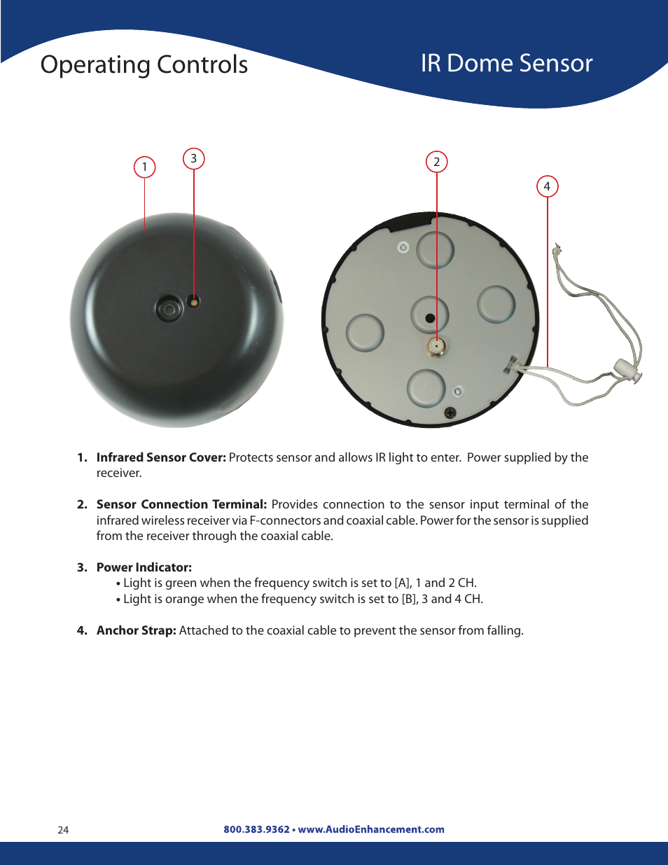Operating controls, Ir dome sensor | Audio Enhancement Product Manual User Manual | Page 24 / 59
