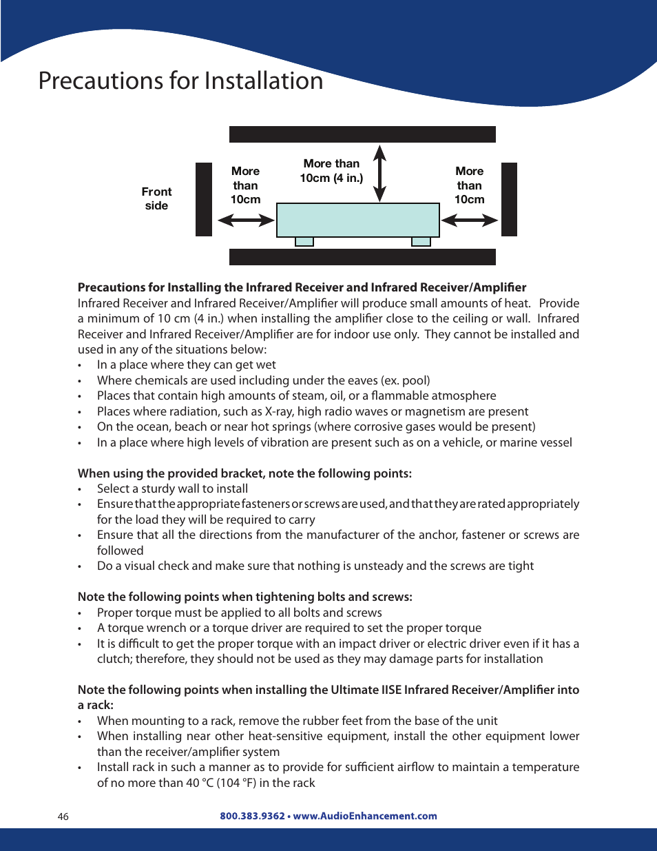 Precautions for installation | Audio Enhancement Product Manual User Manual | Page 46 / 59