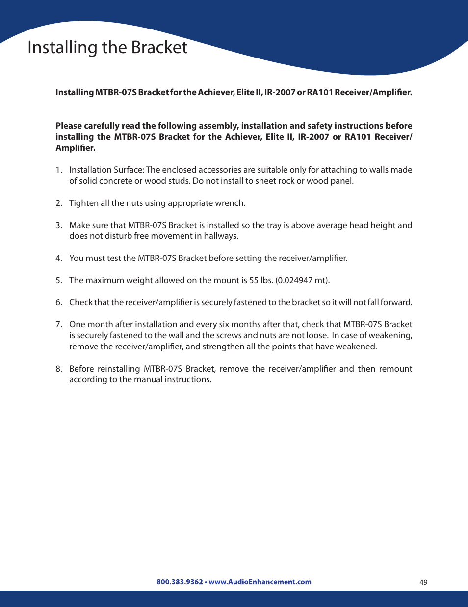 Installing the bracket | Audio Enhancement Product Manual User Manual | Page 49 / 59