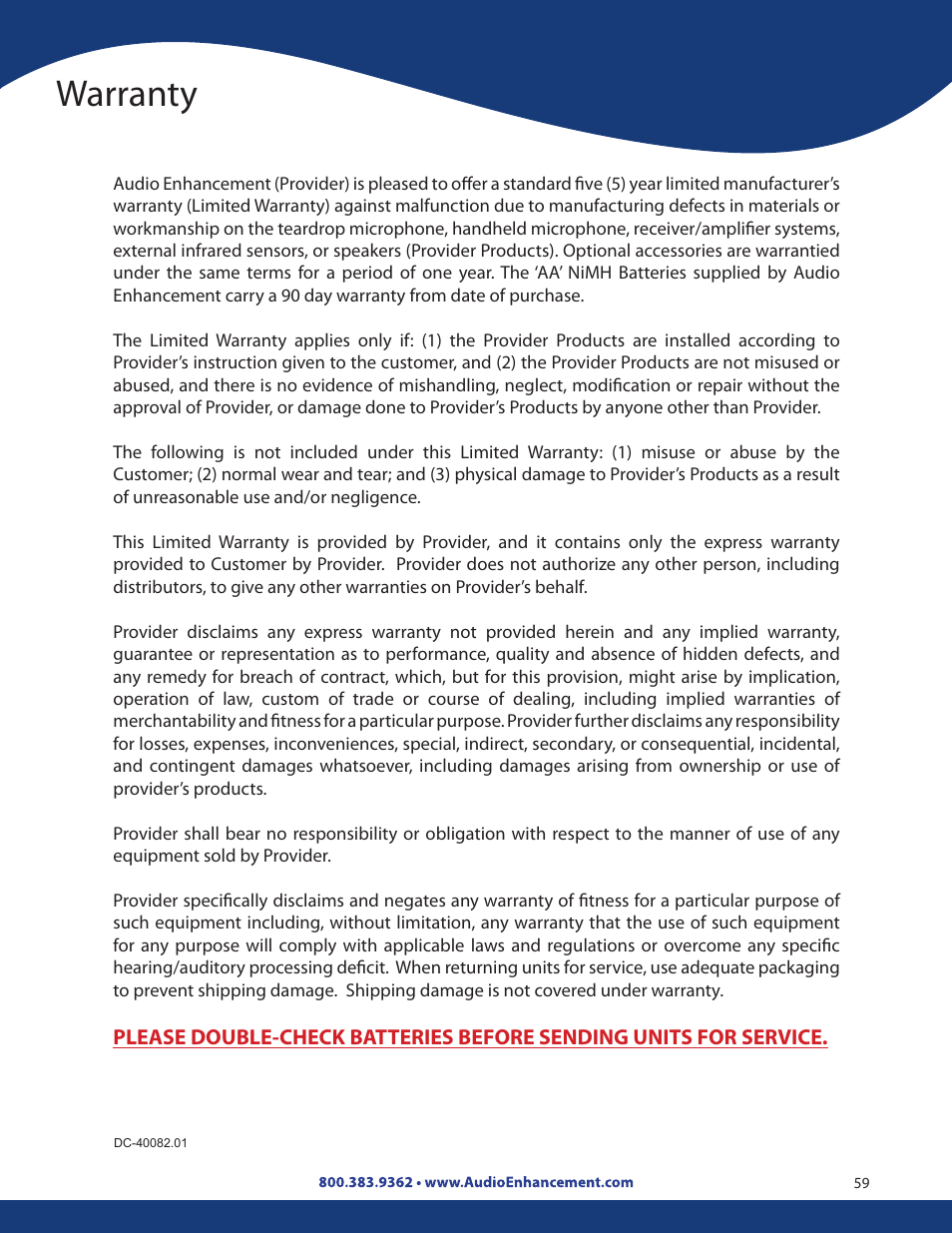 Warranty | Audio Enhancement Product Manual User Manual | Page 59 / 59