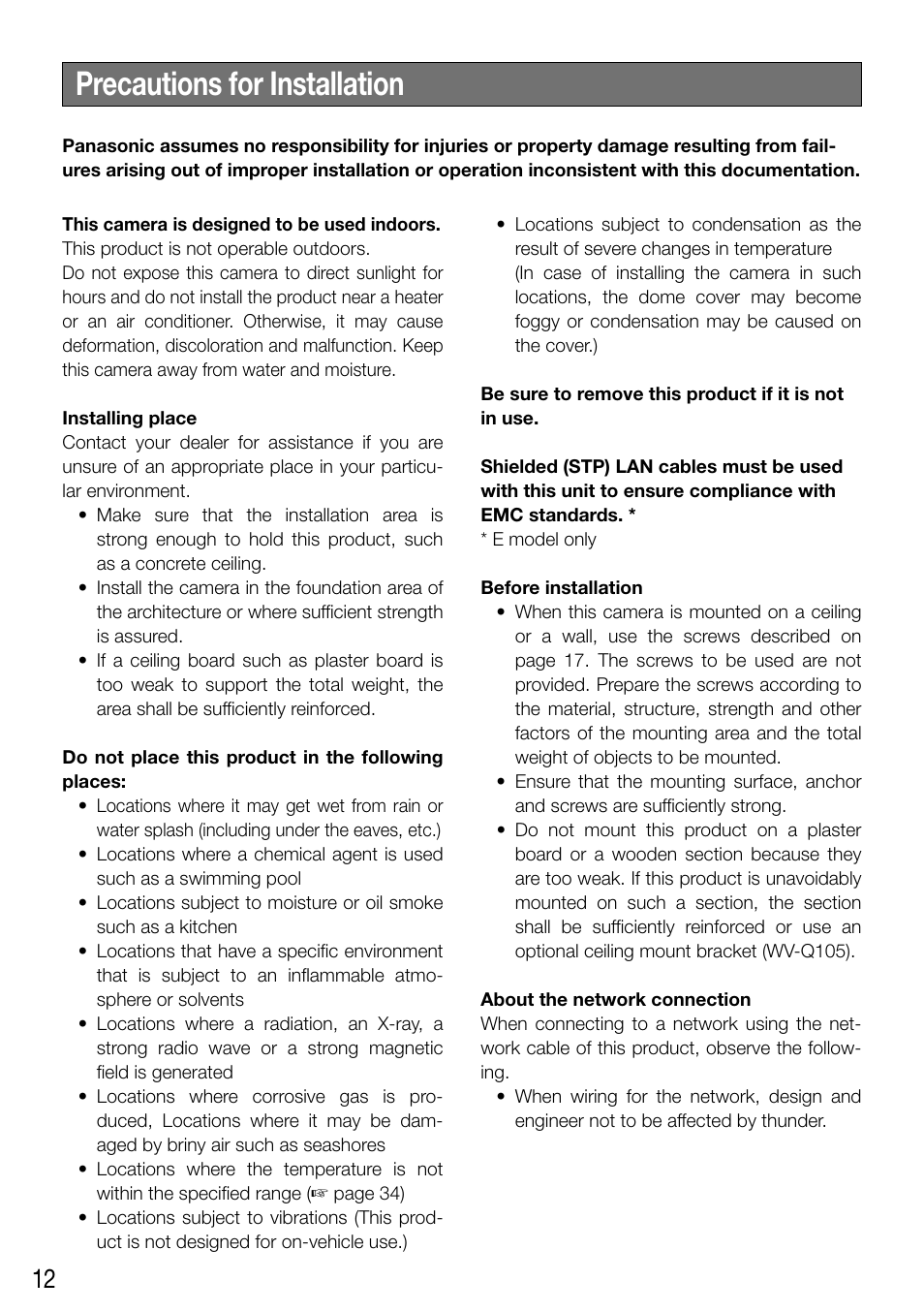 Precautions for installation | Audio Enhancement WV-SF448 User Manual | Page 12 / 40