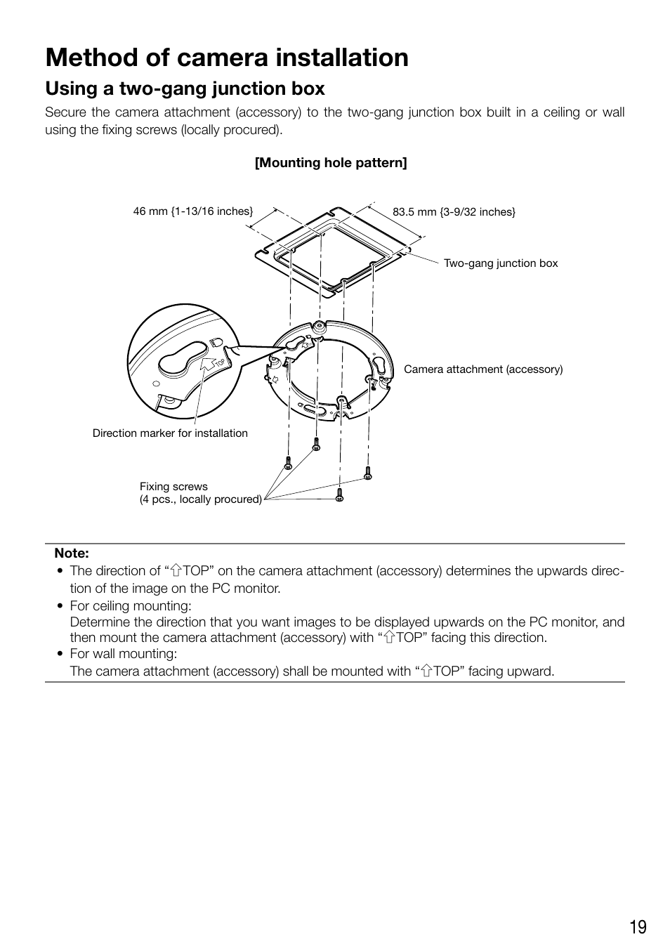 Method of camera installation, Using a two-gang junction box | Audio Enhancement WV-SF448 User Manual | Page 19 / 40