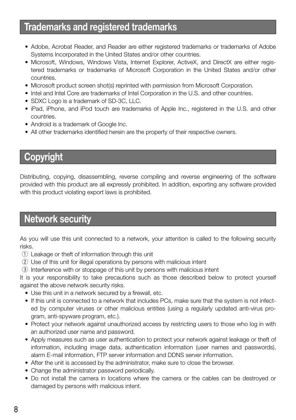 Trademarks and registered trademarks copyright, Network security | Audio Enhancement WV-SF448 User Manual | Page 8 / 40