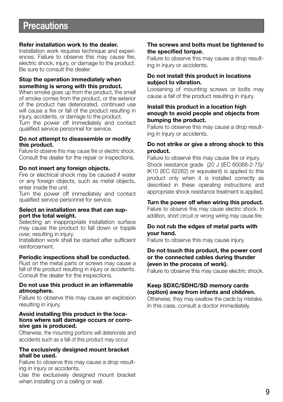 Precautions | Audio Enhancement WV-SF448 User Manual | Page 9 / 40